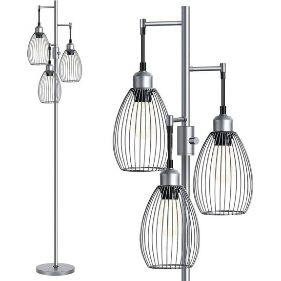 Dimmable Floor Lamp, 3 x 800LM Edison Bulbs Included, Industrial Floor Lamp Standing Tree Lamp with Elegant Teardrop Cage Heads Tall Lamps for Room -Grey