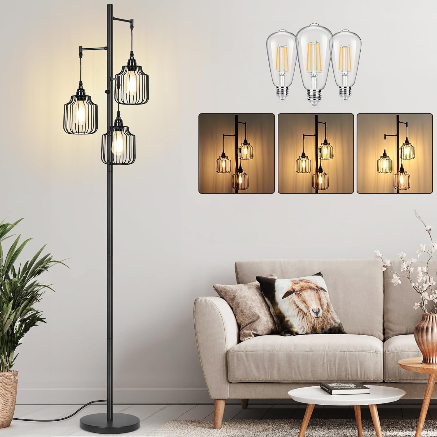 Black Industrial Dimmable Metal Torchiere Floor Lamp with Edison Bulbs