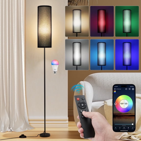 Dimmable Floor Lamp, Floor Standing Lamp with 3 Color Temperature, Include 9W LED Bulb with Lampshade, Foot Switch, Timer, App & Remote control for Bedroom, Gaming, Office & Living Room, Black