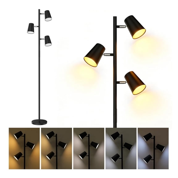 Dimmable Floor Lamp, Modern LED Tree Lamp, 5 Color Temperature, Standing Light with 3 Adjustable Head for Bedroom, Living Room, Office, ETL, 120V, Black, 1 Pack