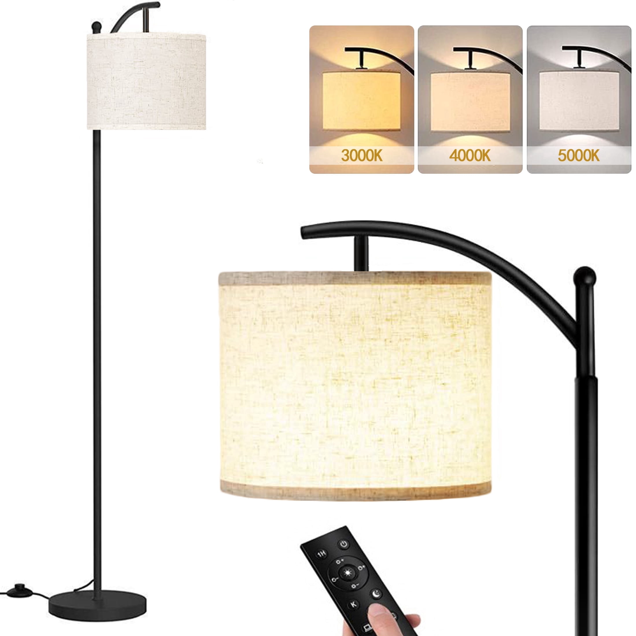 Dimmable Floor Lamp with Remote , Arc Floor Lamps for Living Room, Modern Standing Lamp with Linen Shade & 3 Color Temperatures LED Bulb, Tall Lamp for Bedroom Office Dining Room- Black