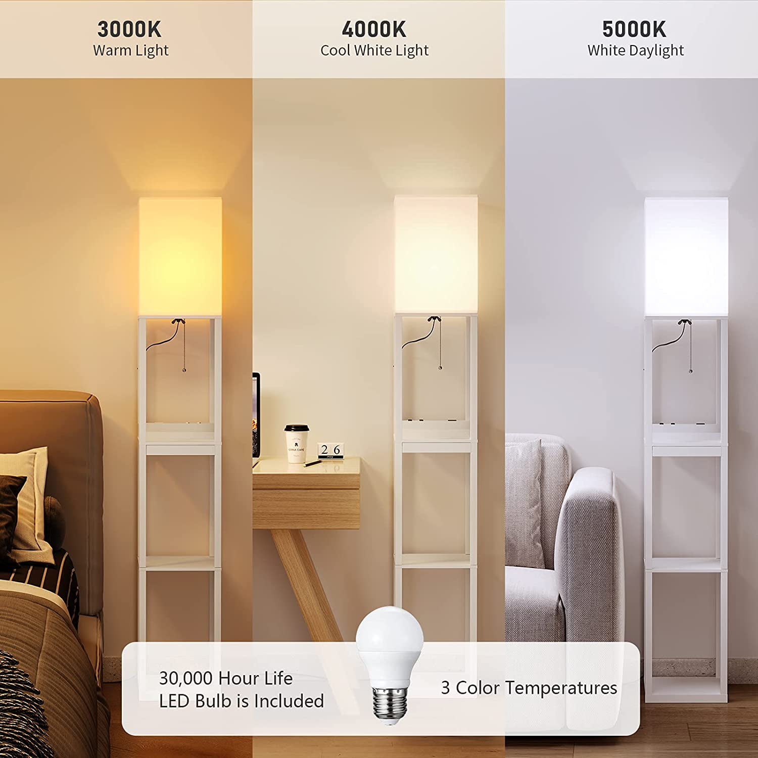 Lotus Flower Floor Lamp With Shelves - Modern Standing Lamp With USB Ports, Power Outlet & Remote