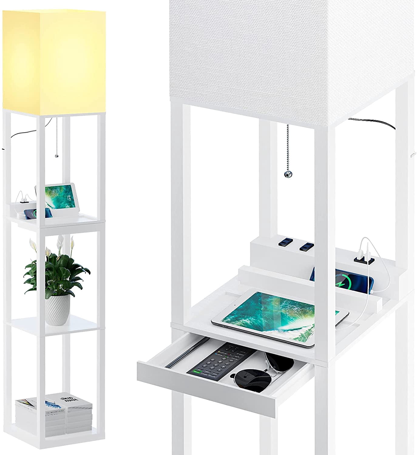 Dimmable Floor Lamp with Shelves,Modern Solid Wood Standing Lamp with 1 ...