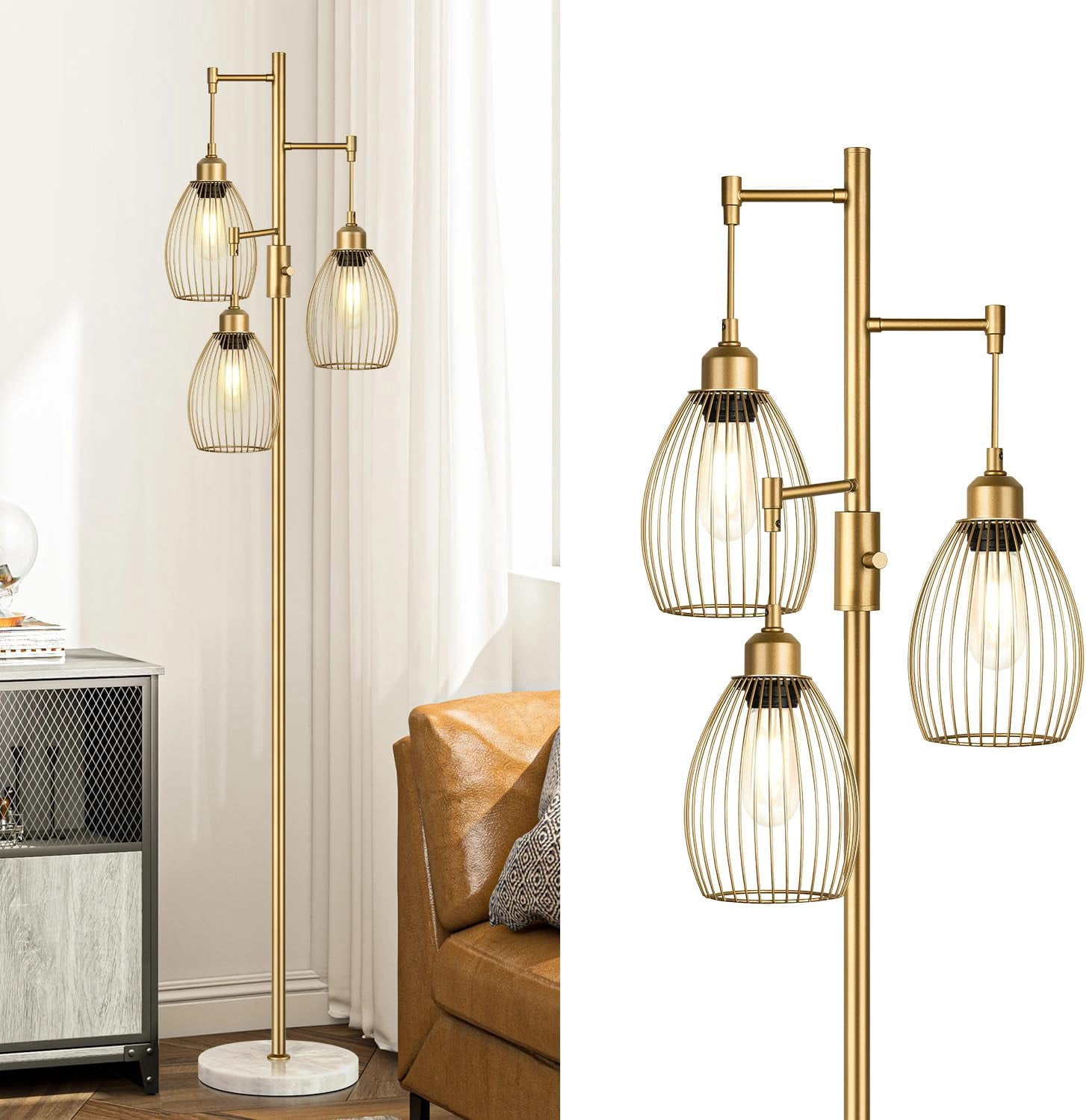 Dimmable Floor Lamps for Living Room, Industrial Standing Lamp with Marble Base, Gold Tree Tall Pole Light with 3 Elegant Teardrop Cage Head & 800 Lumens LED Bulbs for Bedroom Office