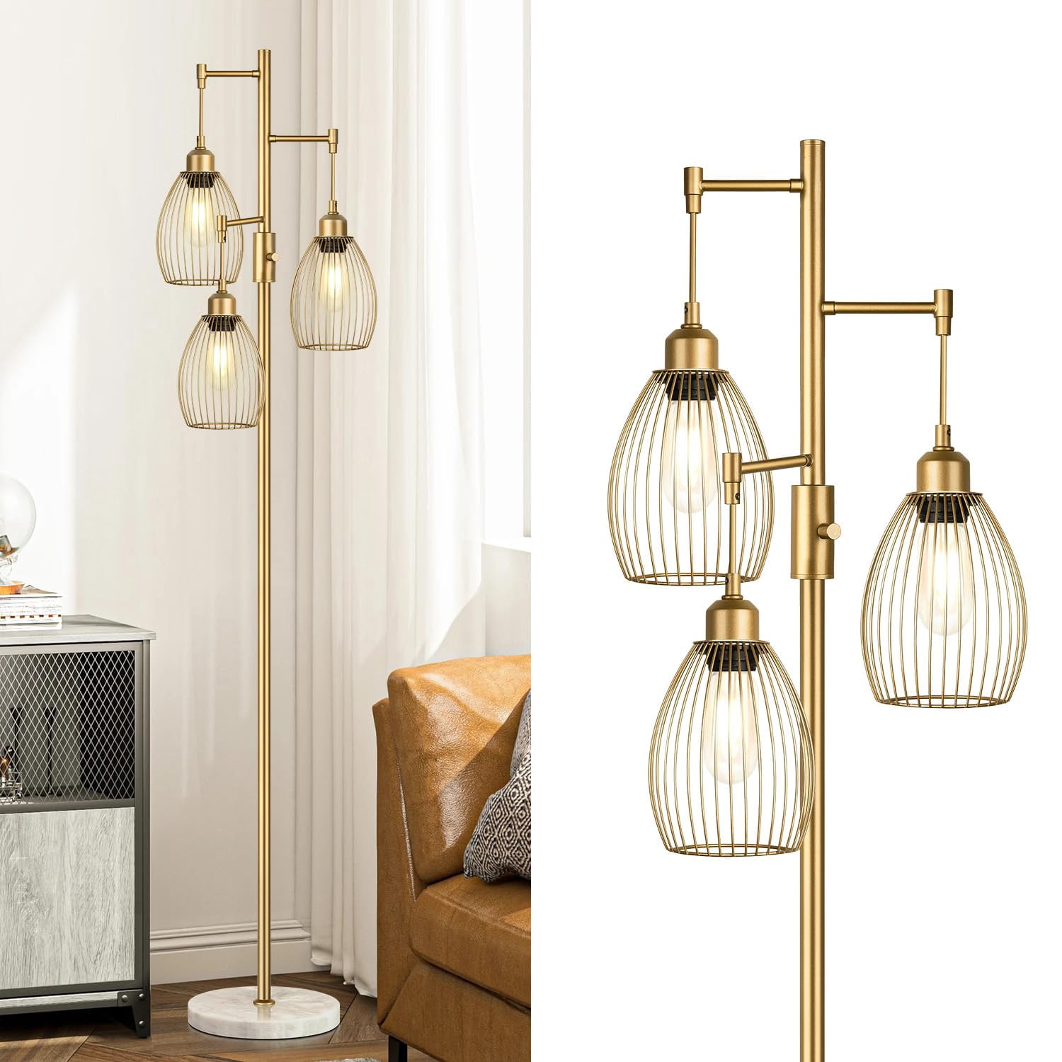 Dimmable Floor Lamps For Living Room  Industrial Standing Lamp With Marble Base Tree Tall Pole Light 3 Elegant Teardrop Cage Head & 800 Lumens Led Bulbs Bedroom Office