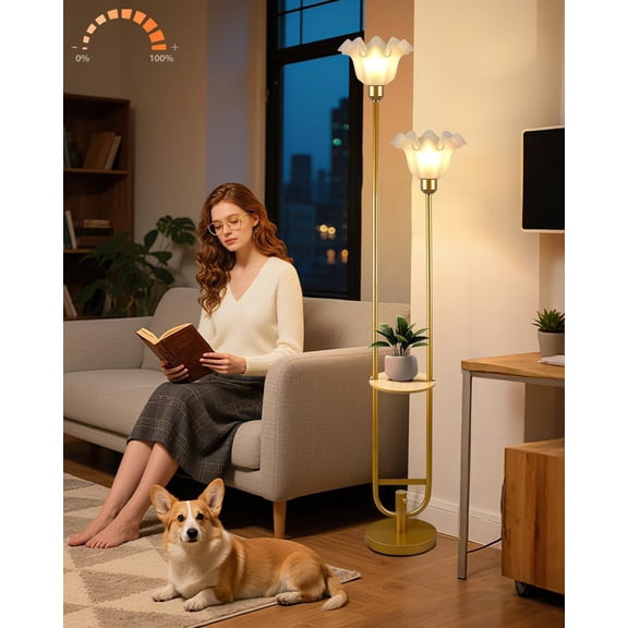 Dimmable Flower Floor Lamp with Table for Living Room, Modern Mid Century Metal Tall Standing Lamp with 5Lbs Heavy Base for Bedroom/Sofa Beside/Corner Decor (Bulb Included)