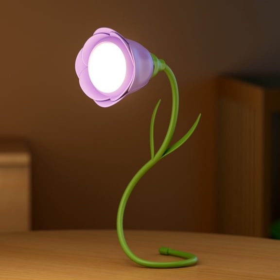 Dimmable Flower Shaped LED Table Light with Adjustable Gooseneck for Student Desktop Learning Nighttime Reading and Mood Lighting, Purple 16x3 Inch