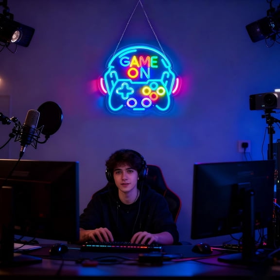 Dimmable Gamer Neon Sign, Game Controller Shaped LED Neon Sign for Gaming Room Decor, 15"x13" USB Powered Adjustable Brightness Gamepad LED Sign for Boys Room, Cool Gamer Gift for Teens and Kids