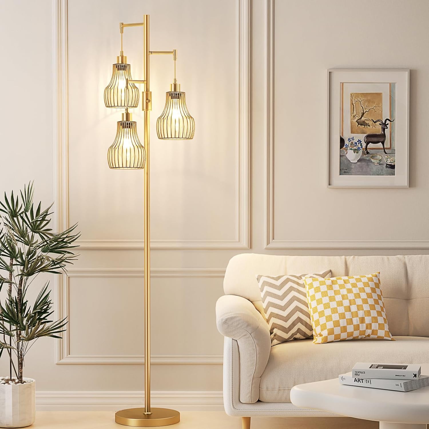 Dimmable Gold Industrial Floor Lamp with 3 Cage Shades