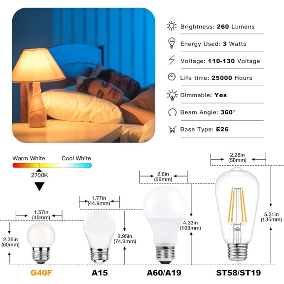 Dimmable LED 3W Small Light Bulb, 25w Equivalent E26 Edison Bulbs