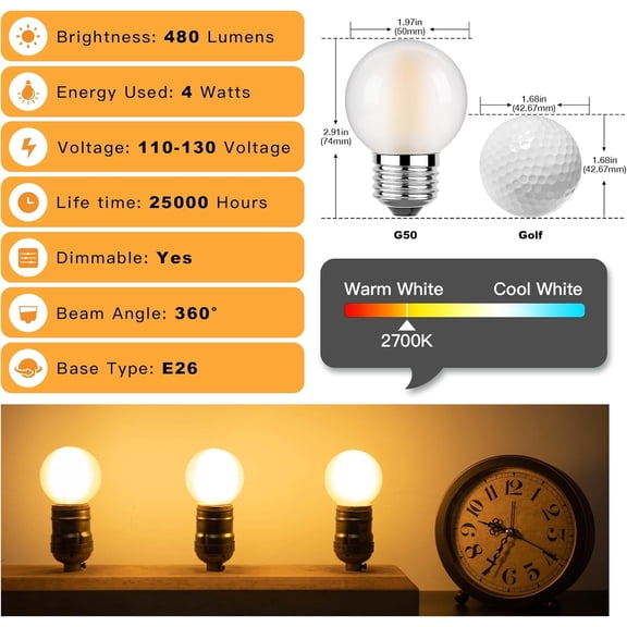 Dimmable LED 4W Globe Light Bulb,40W Equivalent E26 Standard Screw Base Small Decorative Bulb for Vanity,Bathroom,Wall Sconces,G16.5 Soft Warm 2700K 480Lumen Frosted,3 Pack