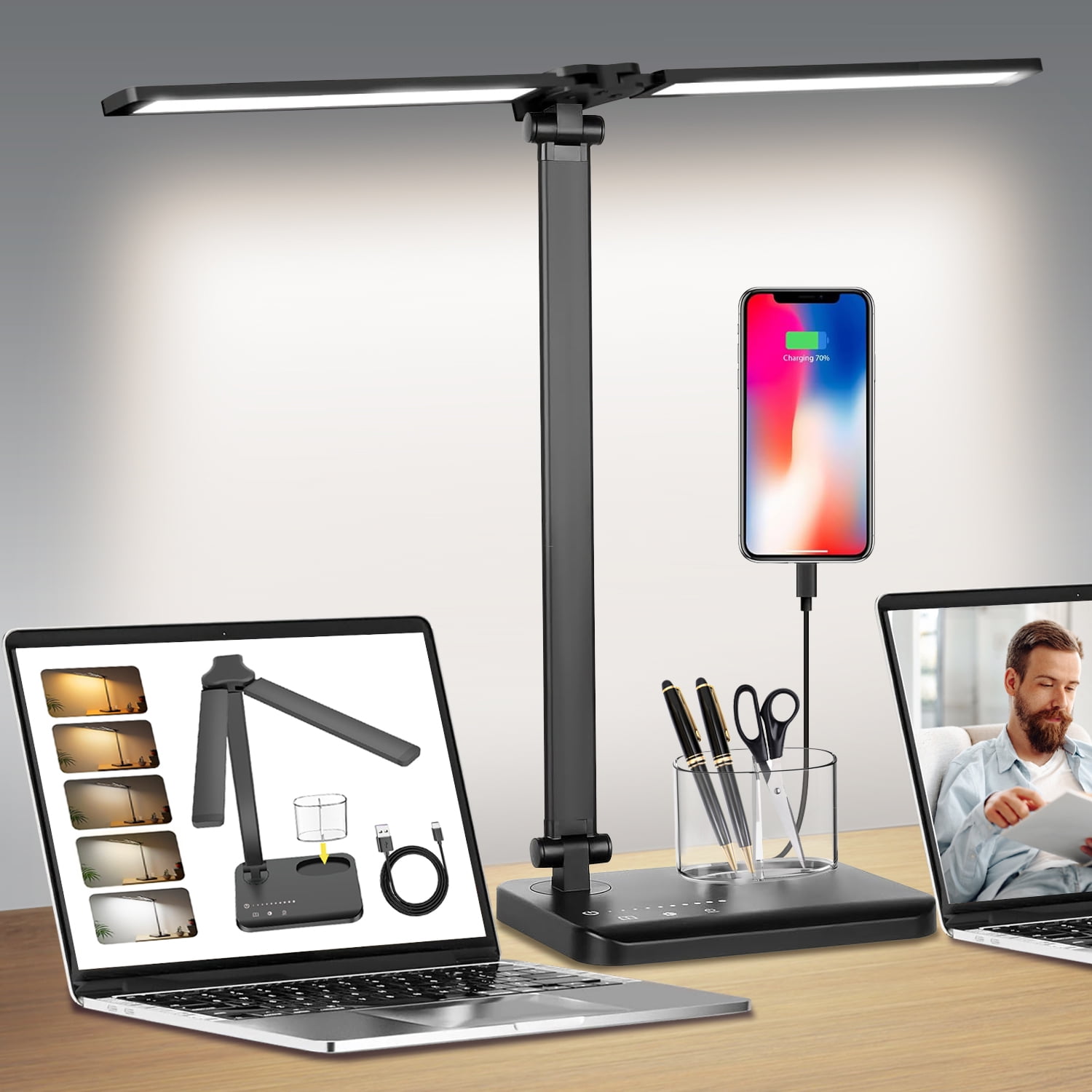 Dim Lit Desk TNYXORIX Dimmable LED Desk Lamp, 50 Lighting Modes, Dual Swing Arm, Pen ...
