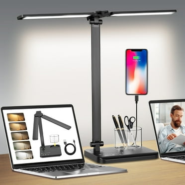 Dimmable LED Desk Lamp with USB Charging Port,50 Lighting Modes Dual Swing Arm Architect Table Lamp Light Desk Lamp for Home Office Dorm Decor Piano,Eye-Protecting Reading Lamp with Pen Holder(Black)