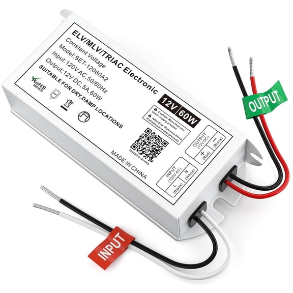 Dimmable LED Driver 60W 12V, Triac/ELV/MLV Transformer for and Halogen Lighting, Compatible with Lutron & Leviton Dimmers, Suitable Indoor/Outdoor Applications