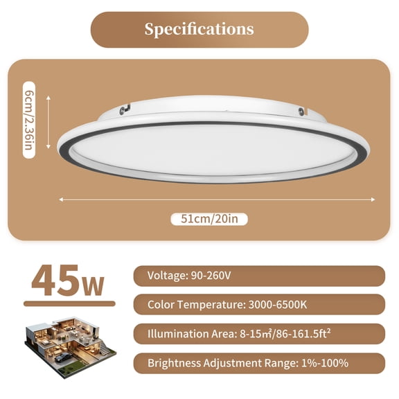 Dimmable LED Flush Mount Ceiling Light with Remote Control 90-260V 45W 20*2.36in for Living Rooms, Restaurants, Entrances