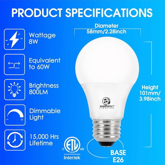 Dimmable LED Light Bulbs, 60W Equivalent, Cool White 4000K, 8W 800 Lumens LED Bulbs, E26 Base Standard Light Bulbs, ETL Listed, 12 Packs