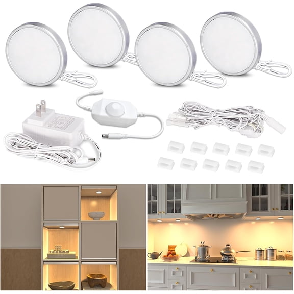 Dimmable LED Puck Lights, Plug in Under Cabinet Lighting with Switch