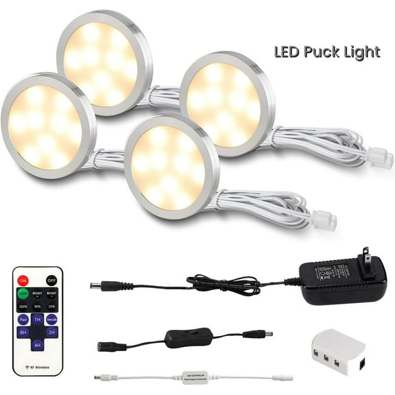 LED Cabinet Light with Remote Control – 10-Level Dimmable Under Cabinet Lighting, Slim Design, 12V Adapter, Wide Beam for Kitchen, Bookshelf, Showcase, Wine Cabinet, and Dresser, Set of 4,