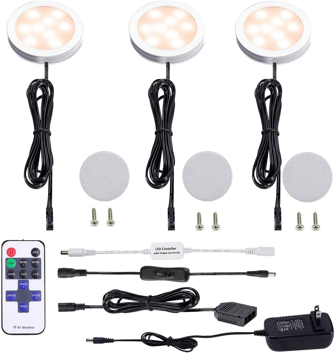 Dimmable LED Under Cabinet Puck Lights AIBOO 3 Lamps Kit with RF Remote Control for Home Kitchen Counter Lighting (Warm White 2700K)