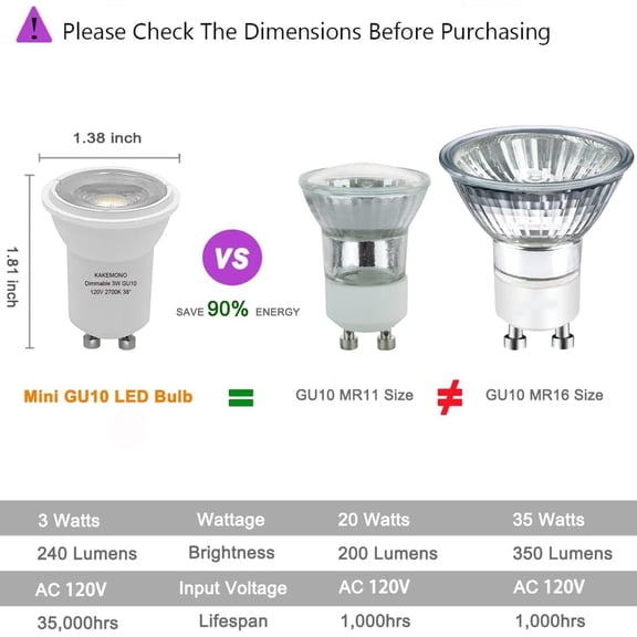 Dimmable MR11 GU10 Base LED Bulb 35mm Mini/Small Spotlight 120V 3W Track Light, 20watt 35W Halogen Equivalent, Warm White 2700K, Pack of 4