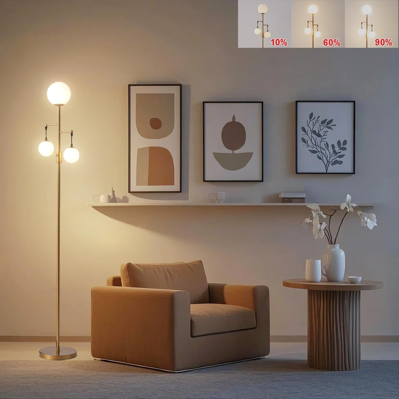 Dimmable Mid Century Modern Floor Lamp, Globe Gold Standing Lamp with ...