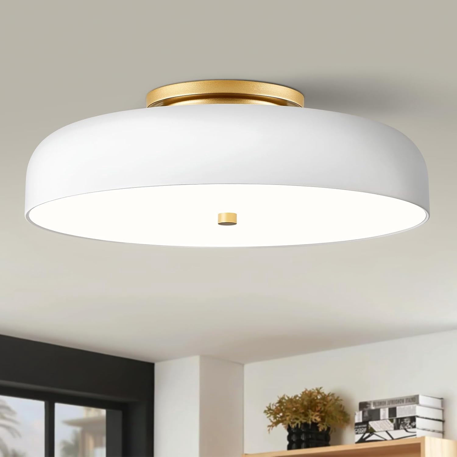 Dimmable Modern LED Ceiling Light,Mid-Century White and Gold Semi Flush ...