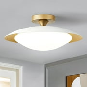Dimmable Modern Mid-Century Ceiling Light, White and Gold LED Semi Flush Mount Ceiling Light, 5CCT 2700K-6000K Lighting Fixture Ceiling Lamp with Acrylic Shade for Bedroom Kitchen Living Room, 15.8in