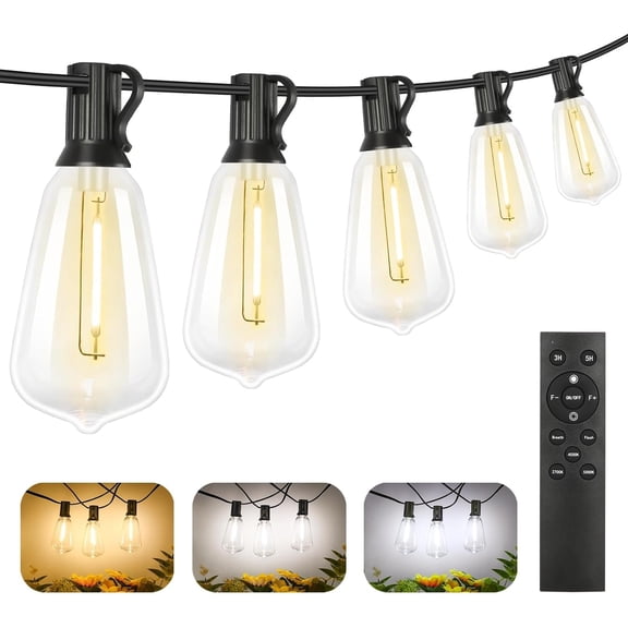 Dimmable Outdoor String Lights with Remote, 3 Colors in 1 LED Patio Light for Outside with 25+1 ST38 Edison Bulbs, 50FT 3 Modes Gazebo Lighting Waterproof for Camping, 2700K/4000K/5000K