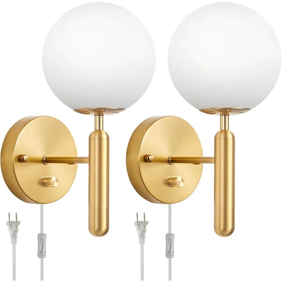 Dimmable Plug in Wall Sconces Set of 2 with Milky Glass Globe Shade, Gold Wall Light with Plug in Electric Cord Dimmer Knob Switch Mid Century Modern Vintage Wall Lamp for Bedroom Bedside Living Room