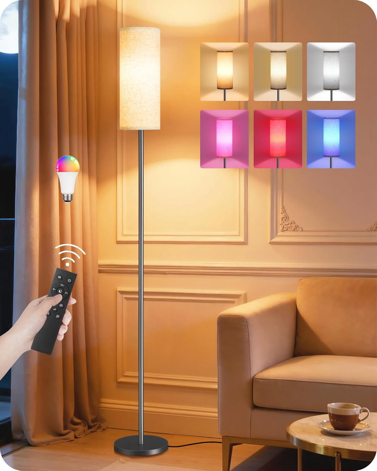 Dimmable RGB Floor Lamp with Color Changing Light, Remote & Foot Switch, Timer, 10W Smart Bulb Included for Bedroom & Living Room