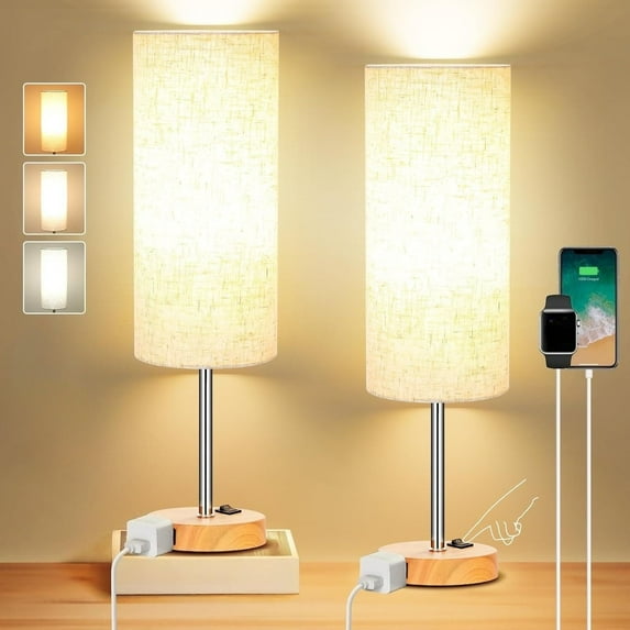 Dimmable Table Lamps with USB Charging Ports & AC Outlet, 3-Way Touch Control Bedside Nightstand Lamps, Wood/Metal Base, Modern Desk Lamps for Bedroom, Living Room, Office, Bulbs Included (1/2 Pack)