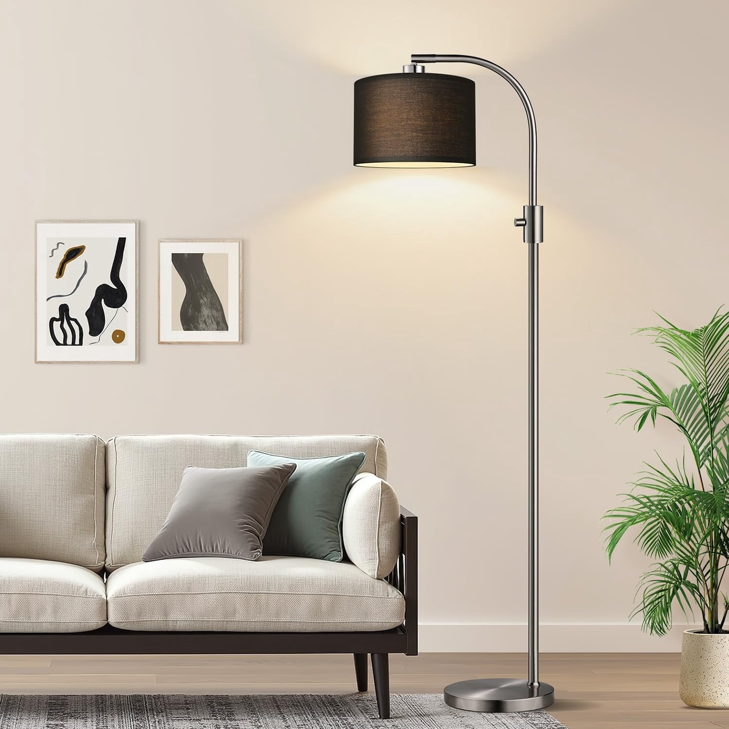 Dimmable Tall Standing Floor Lamp with Black Shade, 1200 Lumens LED Bulb Included, for Living & Reading Room, Bedroom, Office, Brushed Nickel