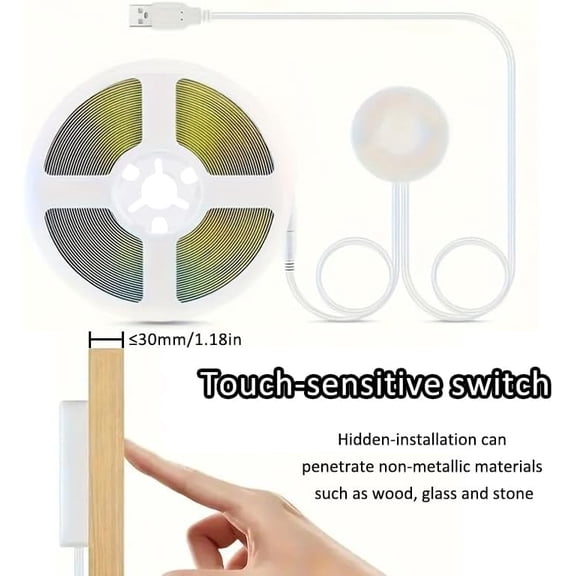 Dimmable Touch Sensor COB LED Strip Light, 3M/9.84ft 3000K Neutral White, USB Powered Under Cabinet Lighting for Kitchen, Desktop, Shelf and Closet
