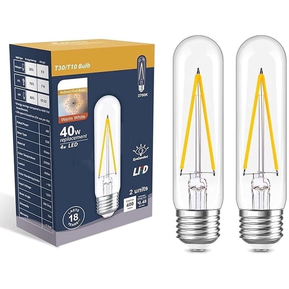 T30 LED Light Bulbs, 4W E26 Medium Base, 2700K Warm White, Vintage Herringbone Filament Design, Dimmable Energy Efficient Tubular Bulbs for Indoor Bedside Lamp Pendant Lights, 2Pack