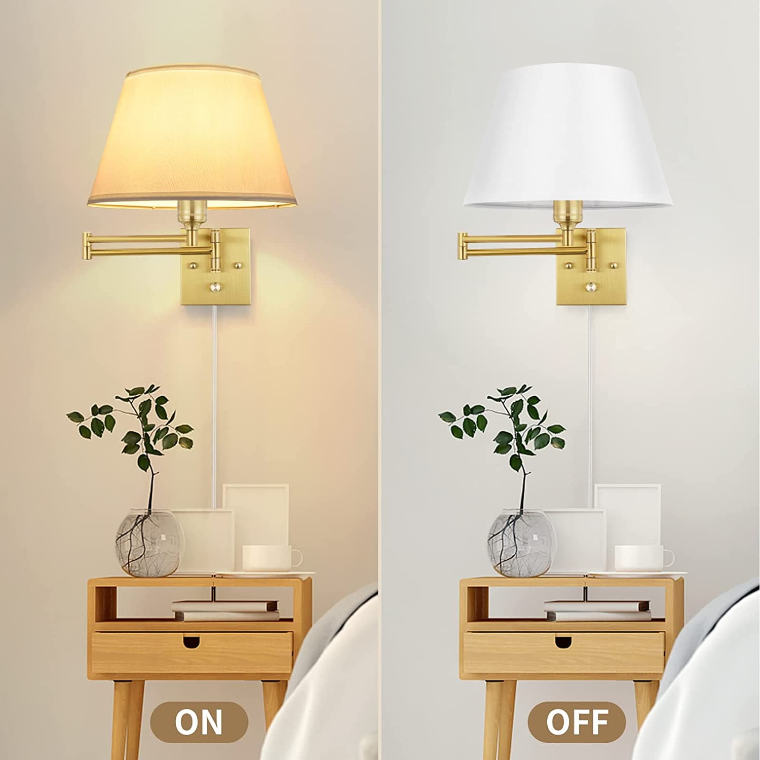 Dimmable Wall Sconce Plug in Brushed Brass Wall Sconces Set of 2