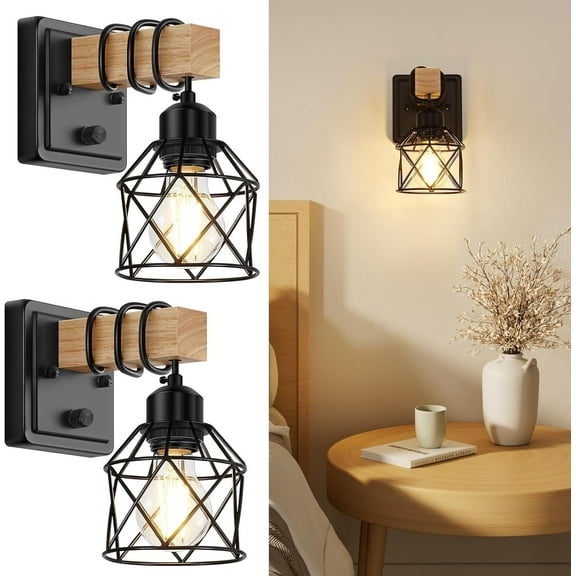 Dimmable Wall Sconces with Rotary Switch Set of 2 Wall Lights Wall Mounted Lamp Wooden Bathroom Light Fixtures with Metal Cage Hardwired Farmhouse Wall Lights for Bedroom Living Room
