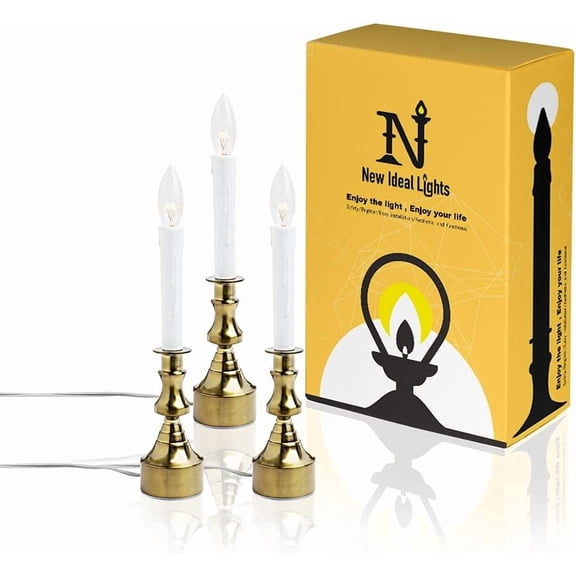 Dimmable Window Candle Electric with Multi Timer IR Controller, Metal Base Christmas Window Candles Listed 3 Pack with 2 Extra Replacement Bulb (Brass)