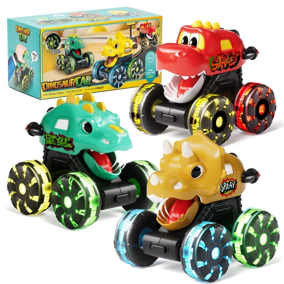 Dimoarch Boys Dinosaur Trucks Toys for 1 2 3 Years Old, Toddlers Toys Press & Go Cars and Trucks Toys with LED Wheel for Boys Ages 2 3 4, Christmas Birthday Gifts for Baby