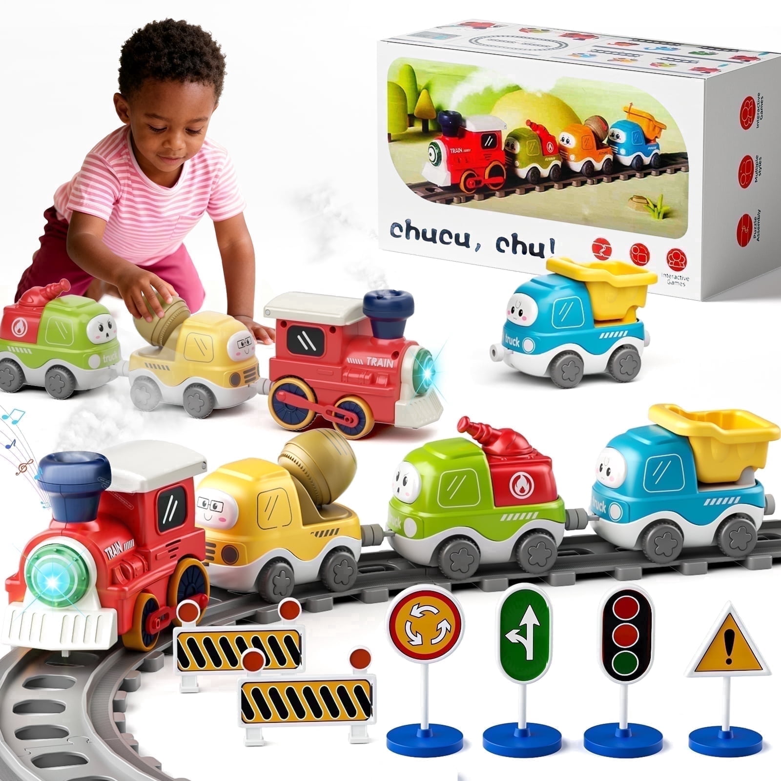 Dimoarch Toys for 1 2 3 Year Old Boy Girl, Train Set Toy for Toddlers, Electric Train Car Track Play Set with Steam, Light & Music, Christmas Birthday Gift