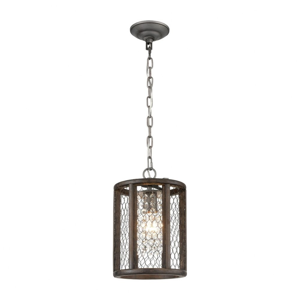 Contemporary Mini Crystal Pendant with Weathered Zinc & Aged Wood