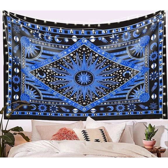Dimond Sun Moon Stars Tie Dye Mandala Tapestry Hippie Hippy Celestial Wall Hanging Indian Bohemian Tapestries Purple (Blue, Poster (30x40 Inches))