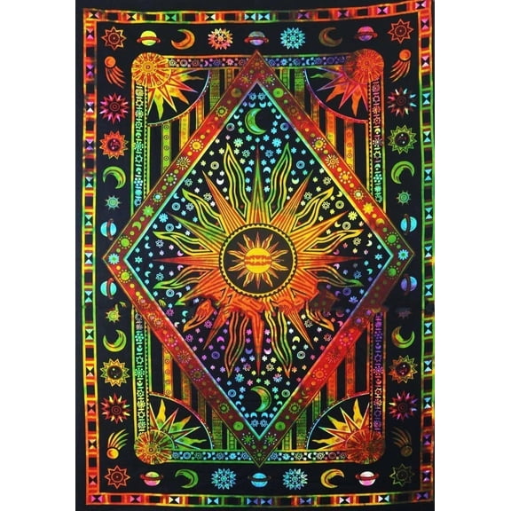 Dimond Sun Moon Stars Tie Dye Mandala Tapestry Hippie Hippy Celestial Wall Hanging Indian Bohemian Tapestries Purple Multi Medium Size (Multicolor, Yellow)