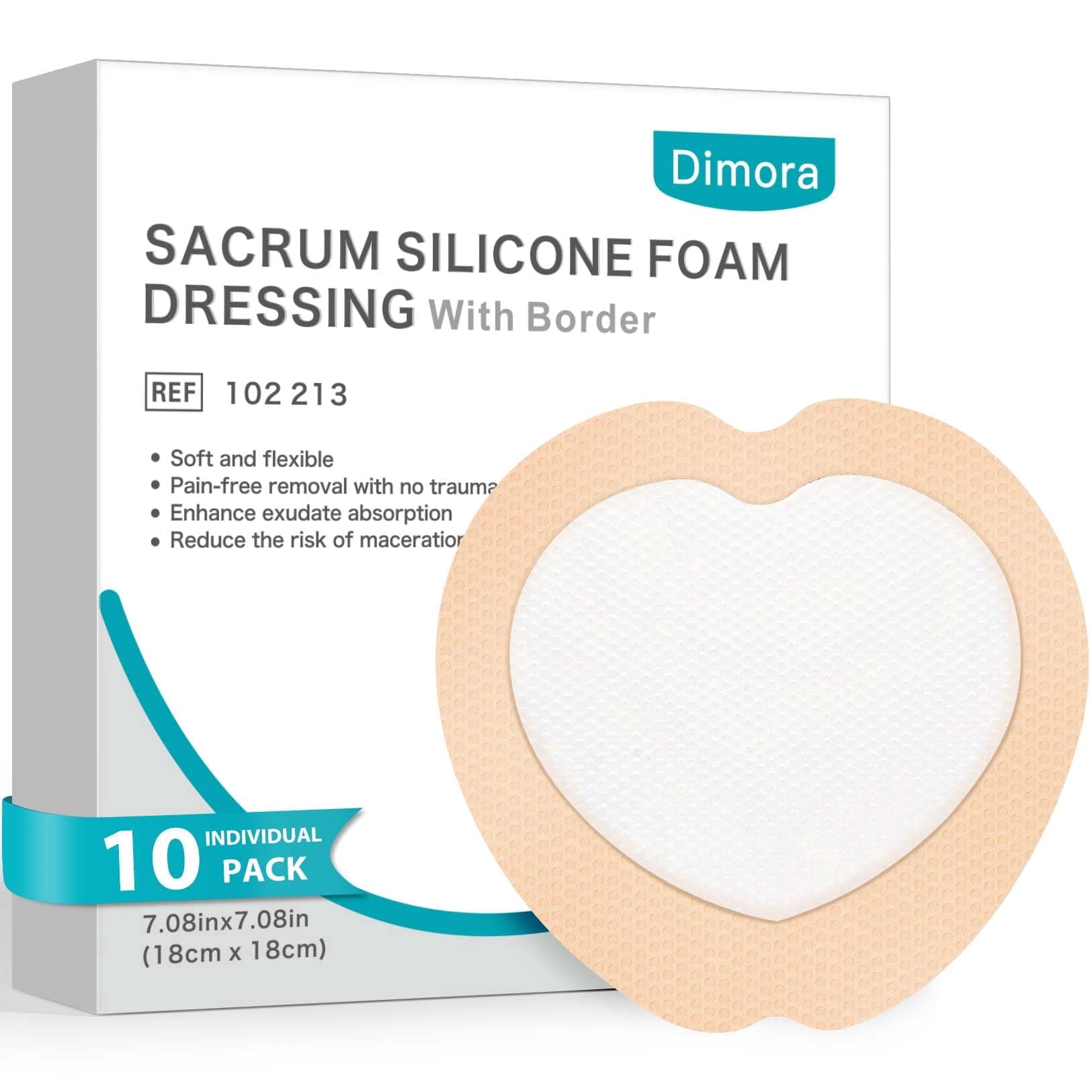 Dimora 10 Pack Wound Dressing Sacrum Foam Bandages Silicone Adhesive Border 7"x7"