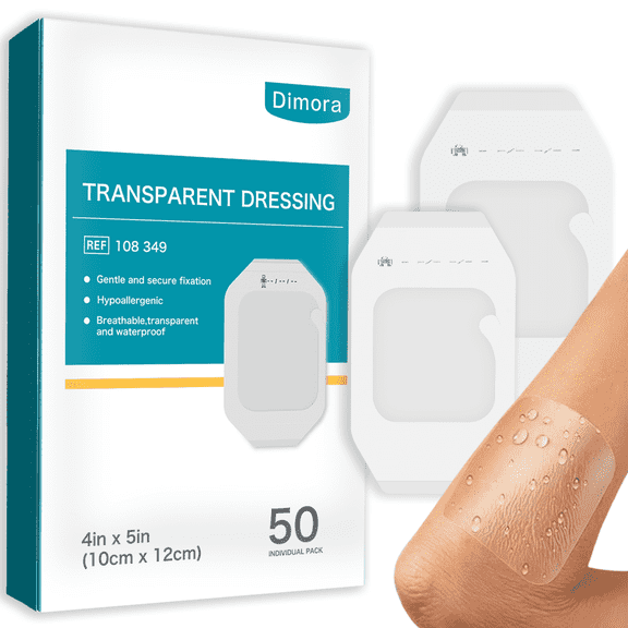 Dimora Transparent Film Dressing, 4"x 5" Waterproof Adhesive Bandages for Tattoo Aftercare & Shower, 50 Pack