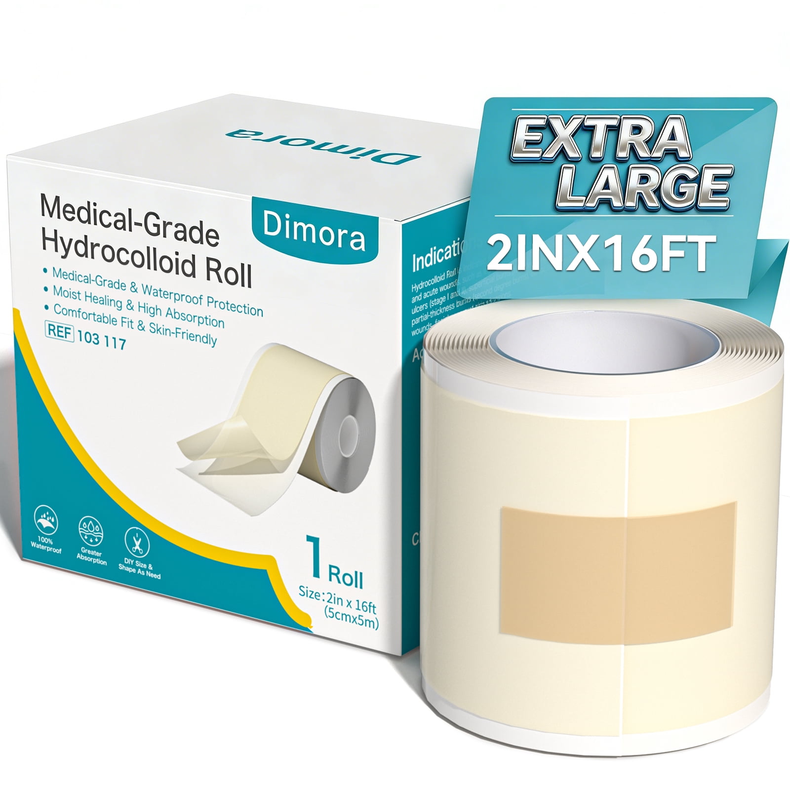 Dimora Hydrocolloid Roll 2" × 16',Medical Grade Hydrocolloid Bandages for Wound Care, Burn, Blister, Acne Care, Cut-to-Size, Ultra Absorbent, Waterproof, First Aid Kit Essential