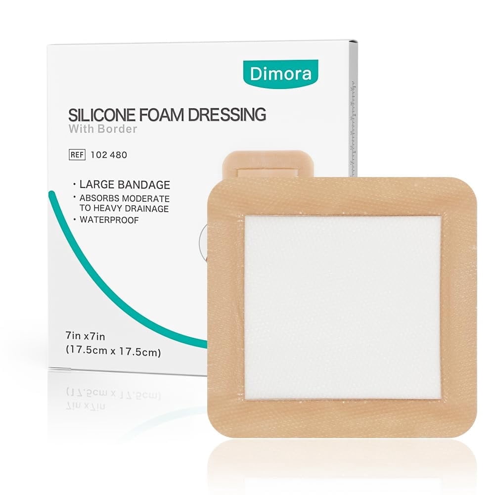 Dimora Silicone Foam Dressing 7"x7", Waterproof Wound Bandage, Adhesive Waterproof Pad, Box of 5 dressing