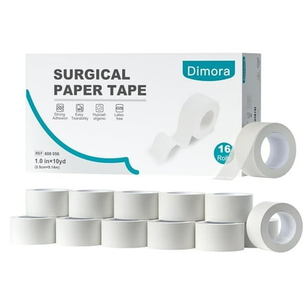 Dimora Paper Medical Tape - Hypoallergenic White Surgical First Aid Tape, 16 Rolls, 1" x 10 Yards