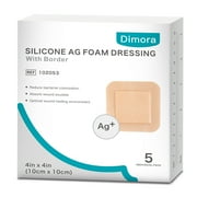 Dimora Silicone Foam Dressing Silver Ag Sterile Wound Bandage with Gentle Silicone Adhesive Border 4"x 4" 5 Packs