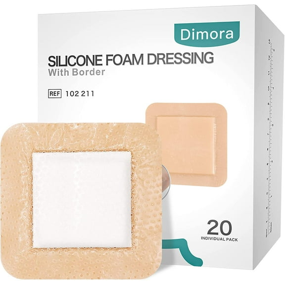 Dimora Silicone Foam Dressing with Border 20 Pack Waterproof Adhesive 4"x4"
