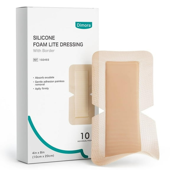 Dimora Silicone Foam Dressing with Border, 4" x 8", 10 Count, Adhesive Adhesive Wound Dressing for Minor Surgical Incisions, Large Bed Sores Bandage